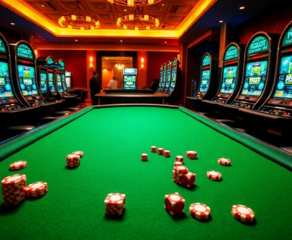 Experience exhilarating gaming moments at PGSLOT IN with a vibrant casino scene filled with slots and poker.