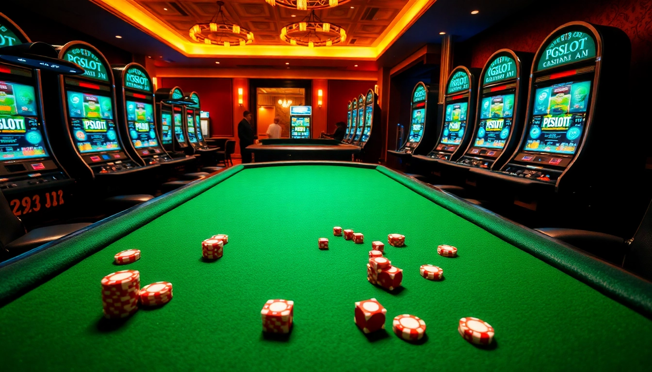 Experience exhilarating gaming moments at PGSLOT IN with a vibrant casino scene filled with slots and poker.