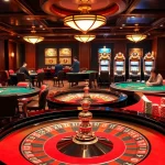 Engage with nh88 at a glamorous casino scene featuring roulette and poker tables.