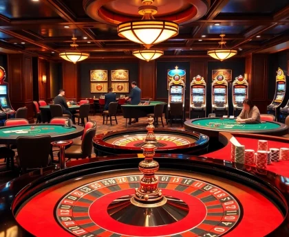 Engage with nh88 at a glamorous casino scene featuring roulette and poker tables.