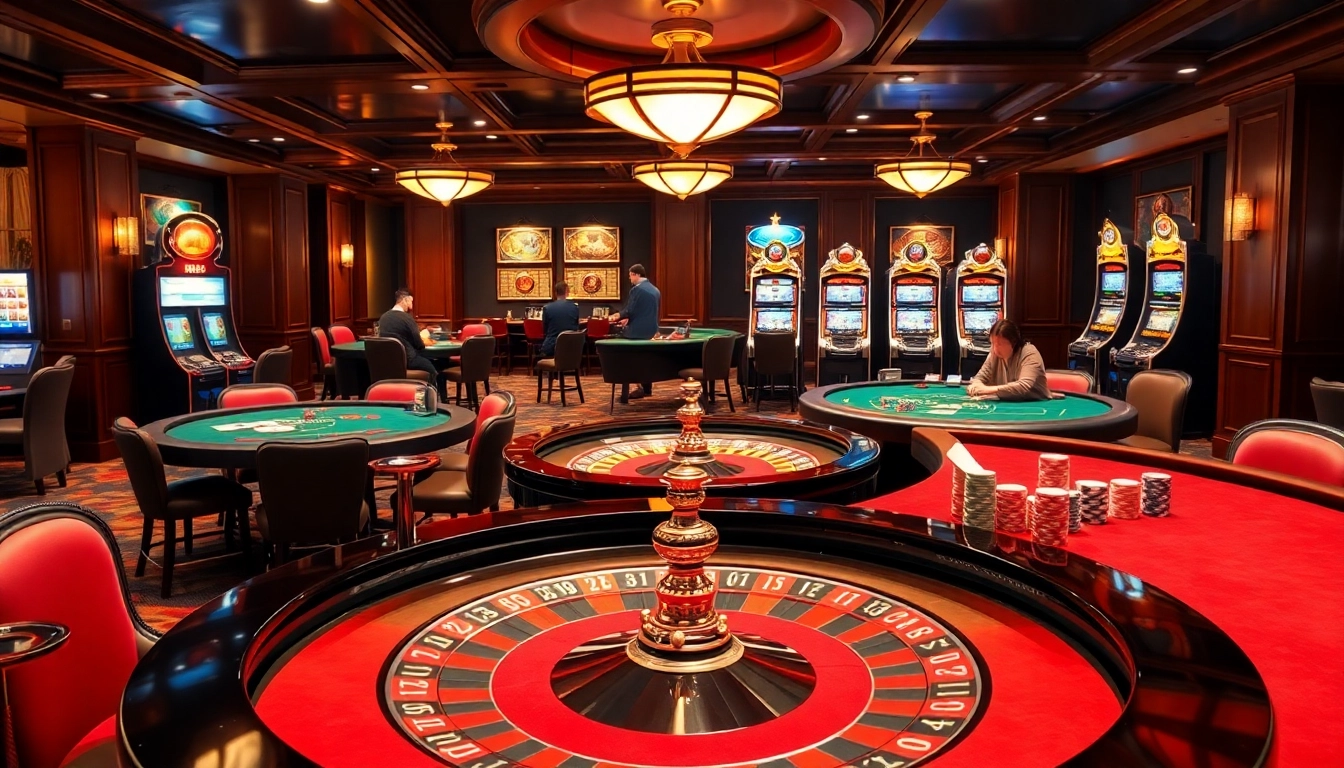 Engage with nh88 at a glamorous casino scene featuring roulette and poker tables.