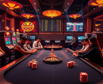Gamble at Nhà Cái LC88 with vibrant slot machines and a luxurious casino ambiance