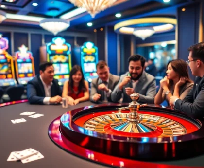 Experience the thrill of rajatoto88 with excited players at a luxurious casino gaming table.