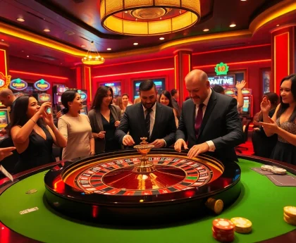 Players engaging in a luxury casino environment at UU88, surrounded by roulette and poker elements.