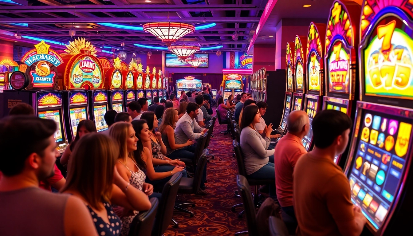 Players enjoying various slot machines at a vibrant casino, celebrating wins and excitement.