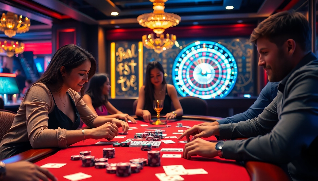 Engaging scene of players enjoying game bài with vibrant casino elements
