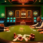 Players at a GO8 poker table strategizing their next moves in an upscale casino.