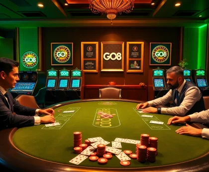 Players at a GO8 poker table strategizing their next moves in an upscale casino.