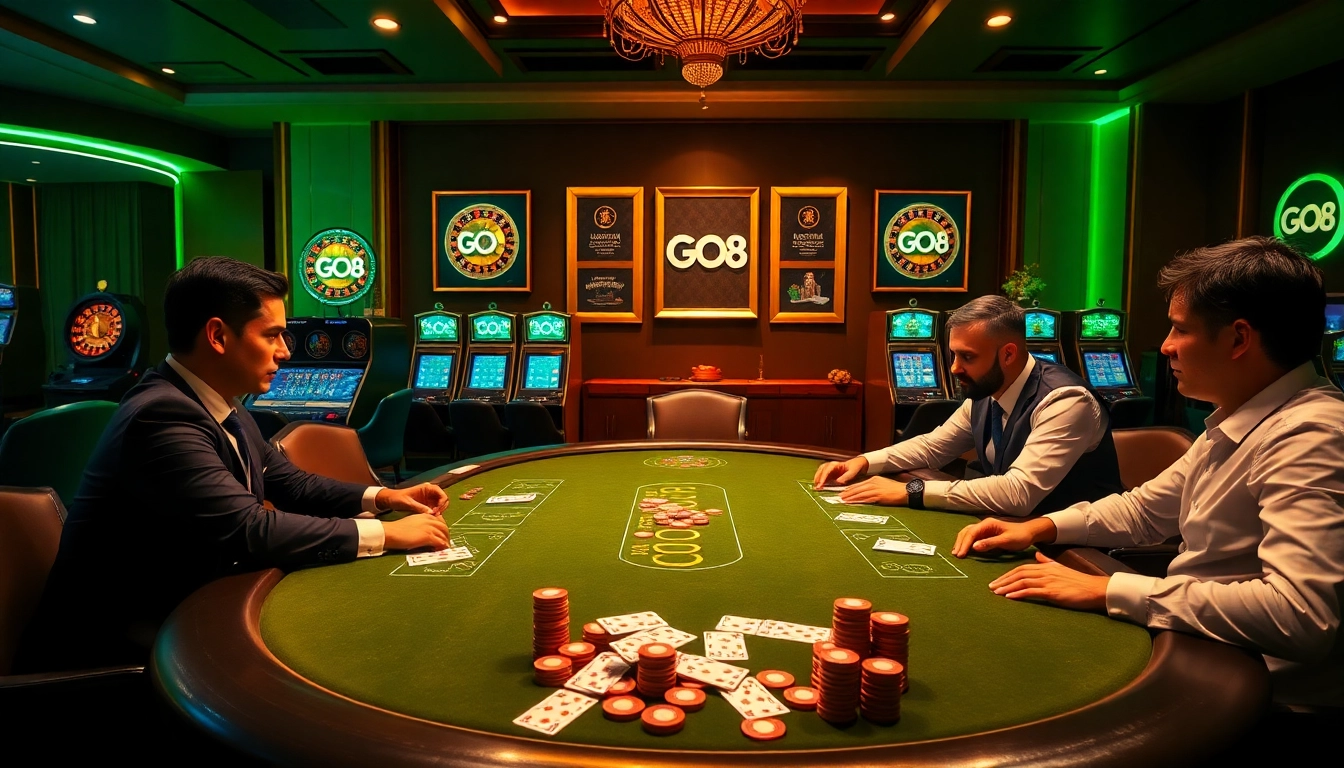 Players at a GO8 poker table strategizing their next moves in an upscale casino.