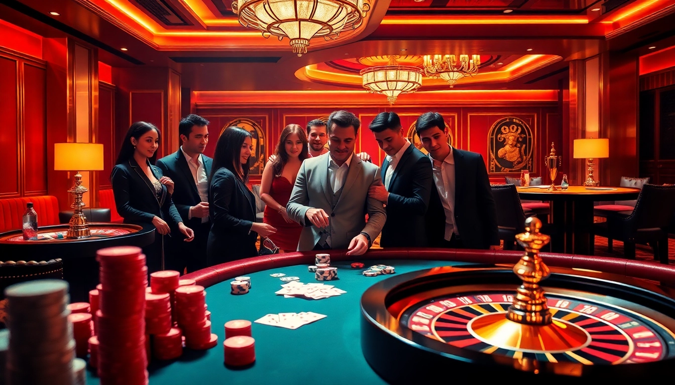 Exciting scene with players engaging in poker at 123win casino table, highlighting vibrant colors and luxury atmosphere.