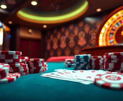 Experience the excitement of gambling with 98 win's vibrant casino scene featuring elegant poker chips and cards.