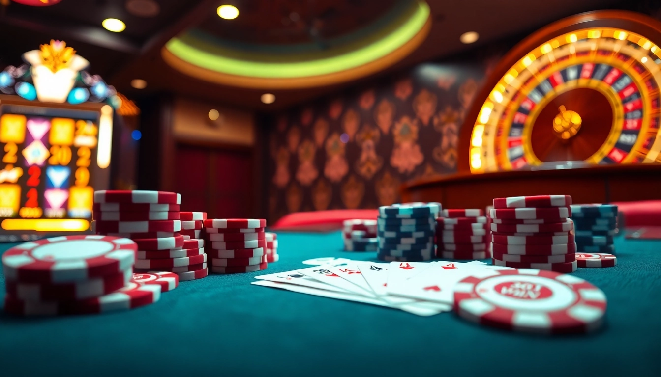 Experience the excitement of gambling with 98 win's vibrant casino scene featuring elegant poker chips and cards.