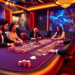 Players experiencing thrilling poker action at a JILI7 casino table filled with vibrant chips and cards.
