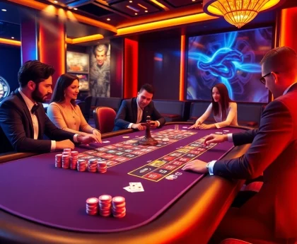 Players experiencing thrilling poker action at a JILI7 casino table filled with vibrant chips and cards.