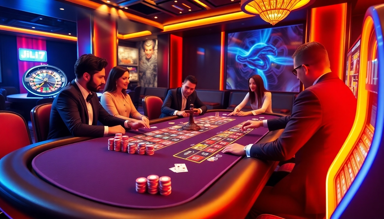 Players experiencing thrilling poker action at a JILI7 casino table filled with vibrant chips and cards.
