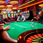 Exciting casino atmosphere featuring luck 8-themed poker game with players, chips, and vibrant slot machines.