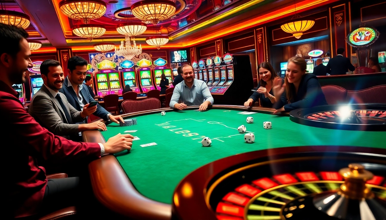 Exciting casino atmosphere featuring luck 8-themed poker game with players, chips, and vibrant slot machines.