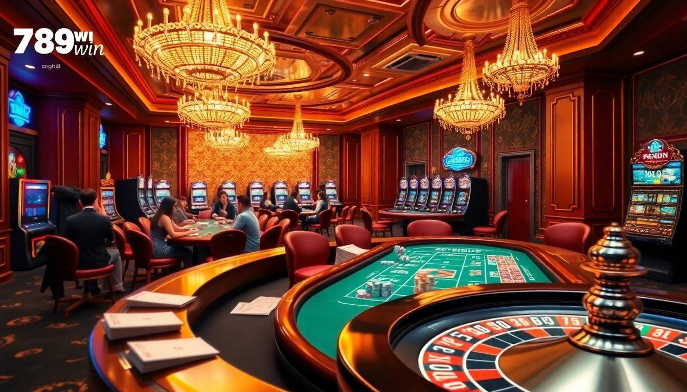 Experience the thrill at 789win đăng nhập with players at a lively casino scene featuring poker tables and roulette wheels.