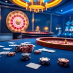 Experience the excitement of gambling with Man88's dazzling casino scene featuring cards and roulette.