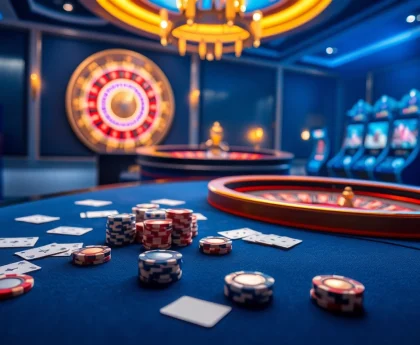 Experience the excitement of gambling with Man88's dazzling casino scene featuring cards and roulette.