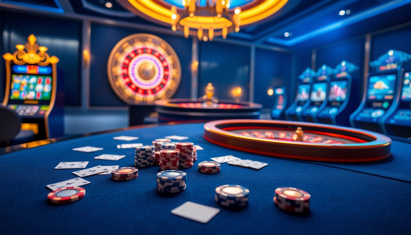 Experience the excitement of gambling with Man88's dazzling casino scene featuring cards and roulette.