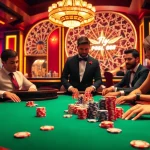 Players enjoying thrilling poker action at FLY88 casino while colorful chips scatter across the elegant table.