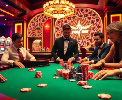 Players enjoying thrilling poker action at FLY88 casino while colorful chips scatter across the elegant table.