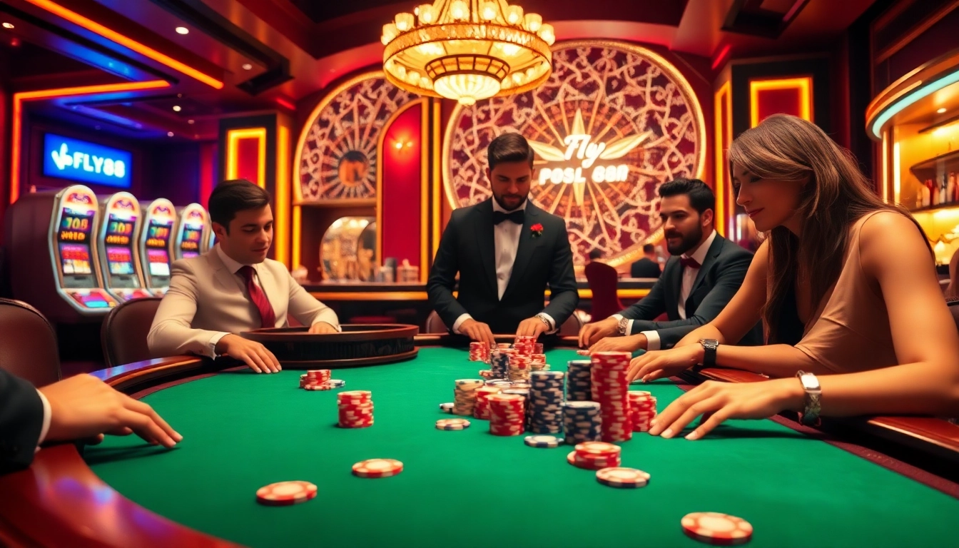 Players enjoying thrilling poker action at FLY88 casino while colorful chips scatter across the elegant table.