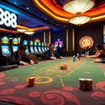 Experience the excitement of u 888 with vibrant casino visuals featuring poker chips and roulette tables.