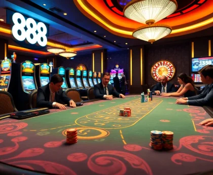 Experience the excitement of u 888 with vibrant casino visuals featuring poker chips and roulette tables.
