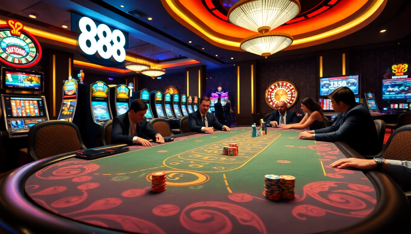 Experience the excitement of u 888 with vibrant casino visuals featuring poker chips and roulette tables.