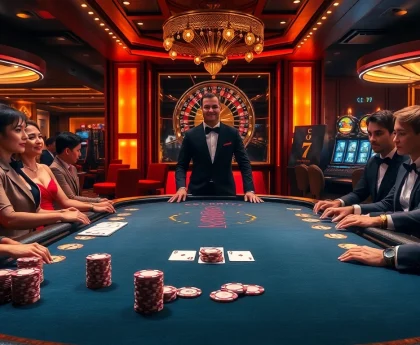 Người chơi cá cược tập trung lên chiến lược tại bàn poker, thể hiện sự phấn khích cg79 trong không gian casino sang trọng.