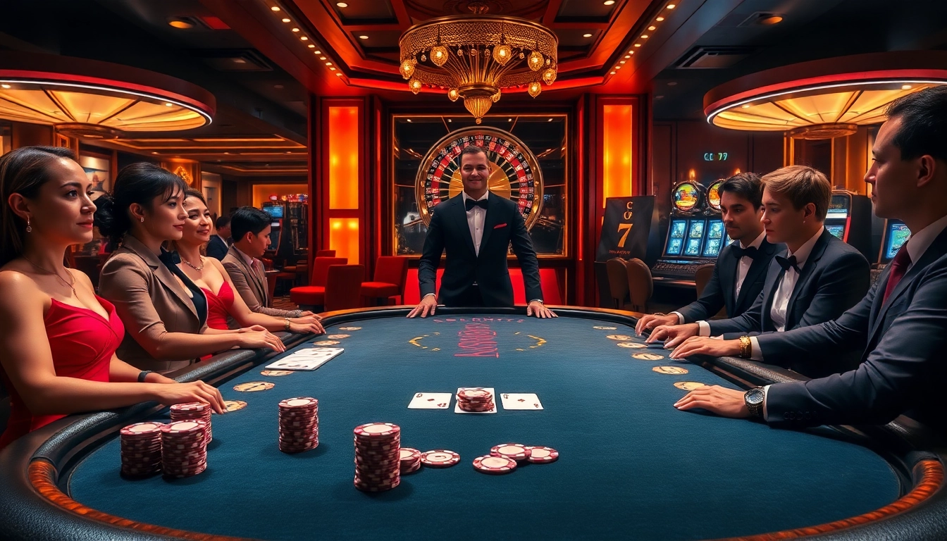 Người chơi cá cược tập trung lên chiến lược tại bàn poker, thể hiện sự phấn khích cg79 trong không gian casino sang trọng.