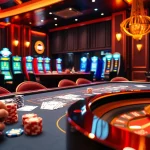 Experience the excitement of RR88 with players at a luxurious casino table and vibrant slot machines.