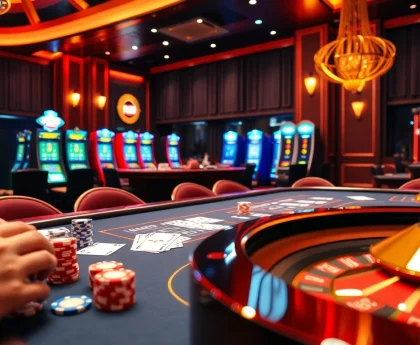 Experience the excitement of RR88 with players at a luxurious casino table and vibrant slot machines.