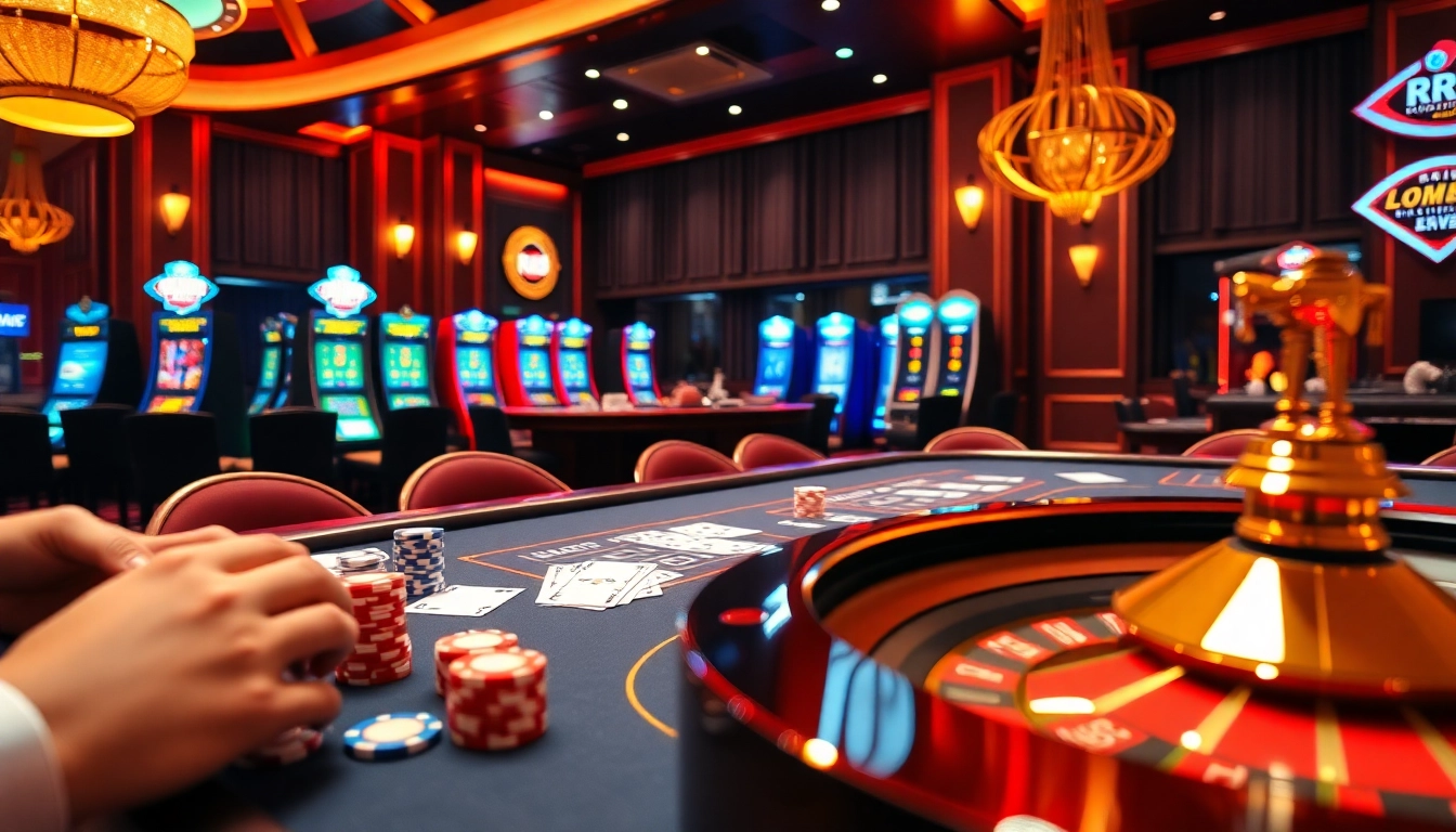 Experience the excitement of RR88 with players at a luxurious casino table and vibrant slot machines.