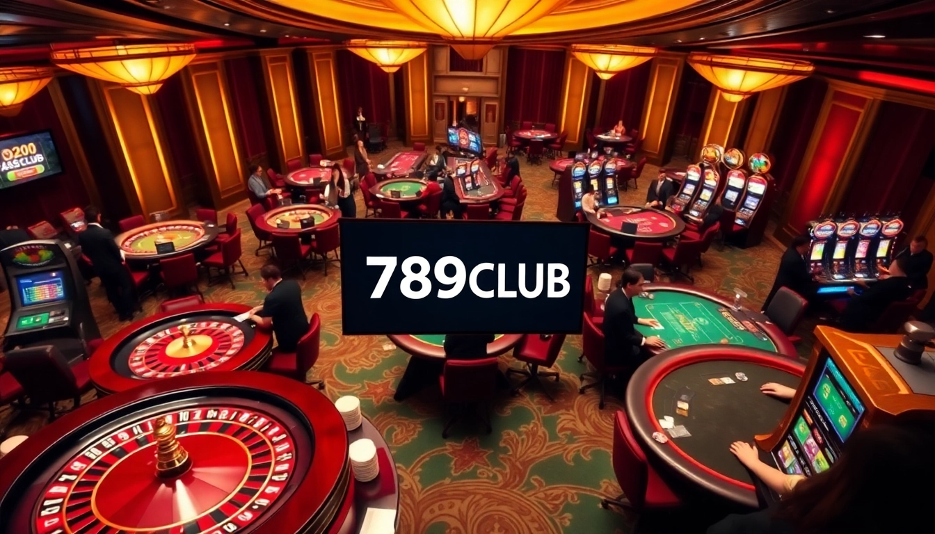 Players enjoy a thrilling experience at 789CLUB's vibrant casino tables featuring roulette and slots.