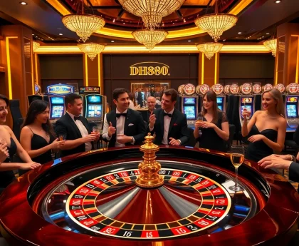Experience the thrill of winning at DH88-themed roulette with vibrant casino décor and excited players.