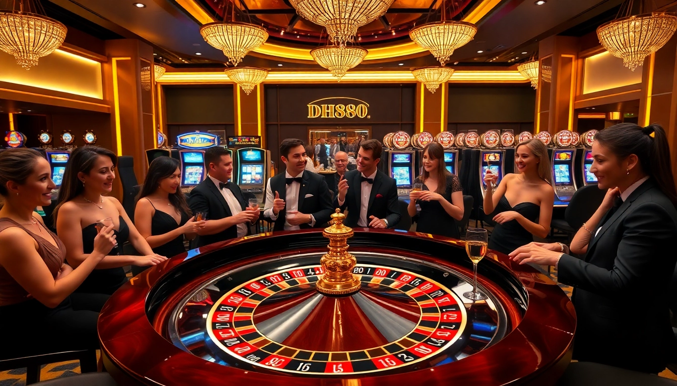 Experience the thrill of winning at DH88-themed roulette with vibrant casino décor and excited players.