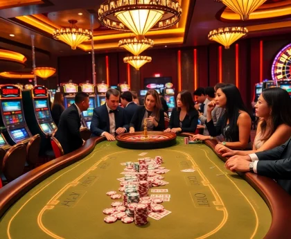 Players enjoying a thrilling game of Sunwin poker at a luxurious casino table.