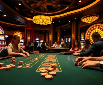 S8 Casino table scene showcasing high-stakes poker chips and vibrant slot machines, embodying luxury and excitement.