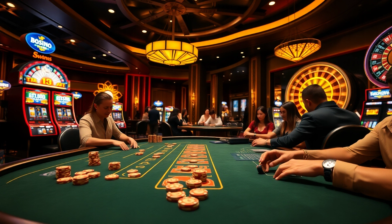 S8 Casino table scene showcasing high-stakes poker chips and vibrant slot machines, embodying luxury and excitement.