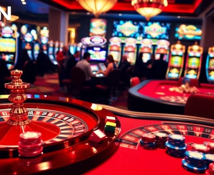 33WIN players enjoying an exciting experience at a luxurious casino table with vibrant poker chips.