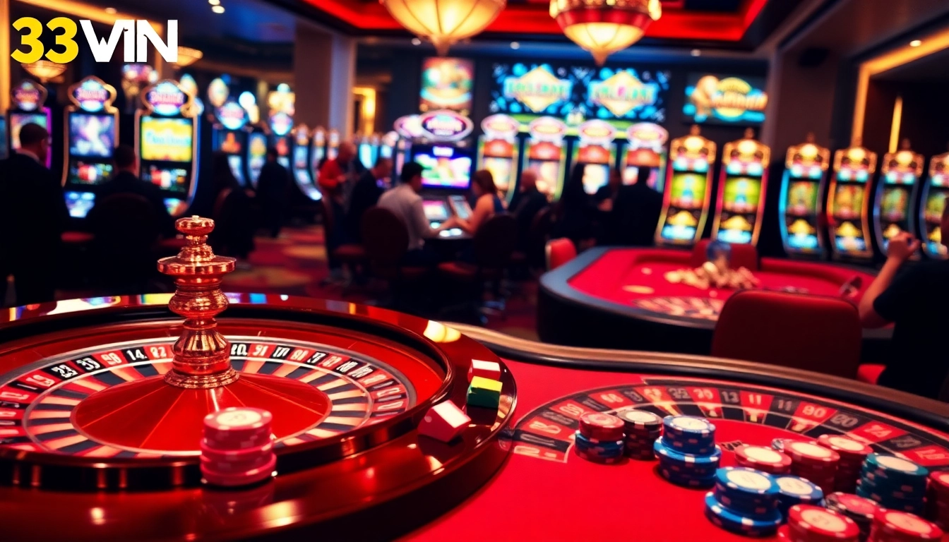 33WIN players enjoying an exciting experience at a luxurious casino table with vibrant poker chips.