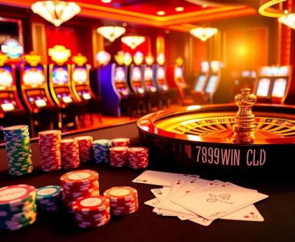 Exciting casino scene showcasing 789WIN with poker chips and roulette wheel, highlighting premium gambling experience.