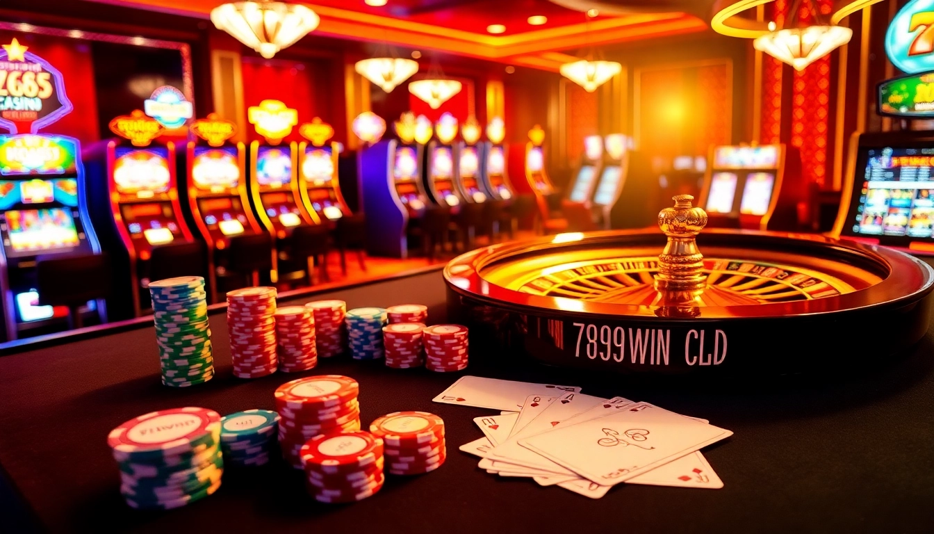 Exciting casino scene showcasing 789WIN with poker chips and roulette wheel, highlighting premium gambling experience.