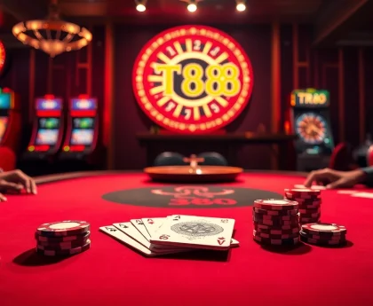Players at a vibrant poker table strategizing in a luxury casino featuring TR88 themed cards.