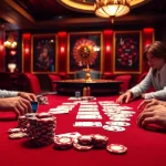 Engaged players enjoying game bài đổi thưởng at a luxurious poker table in a glamorous casino.