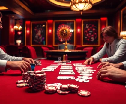 Engaged players enjoying game bài đổi thưởng at a luxurious poker table in a glamorous casino.