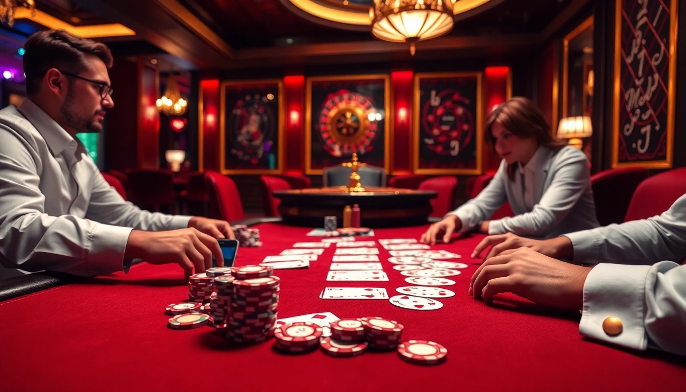 Engaged players enjoying game bài đổi thưởng at a luxurious poker table in a glamorous casino.
